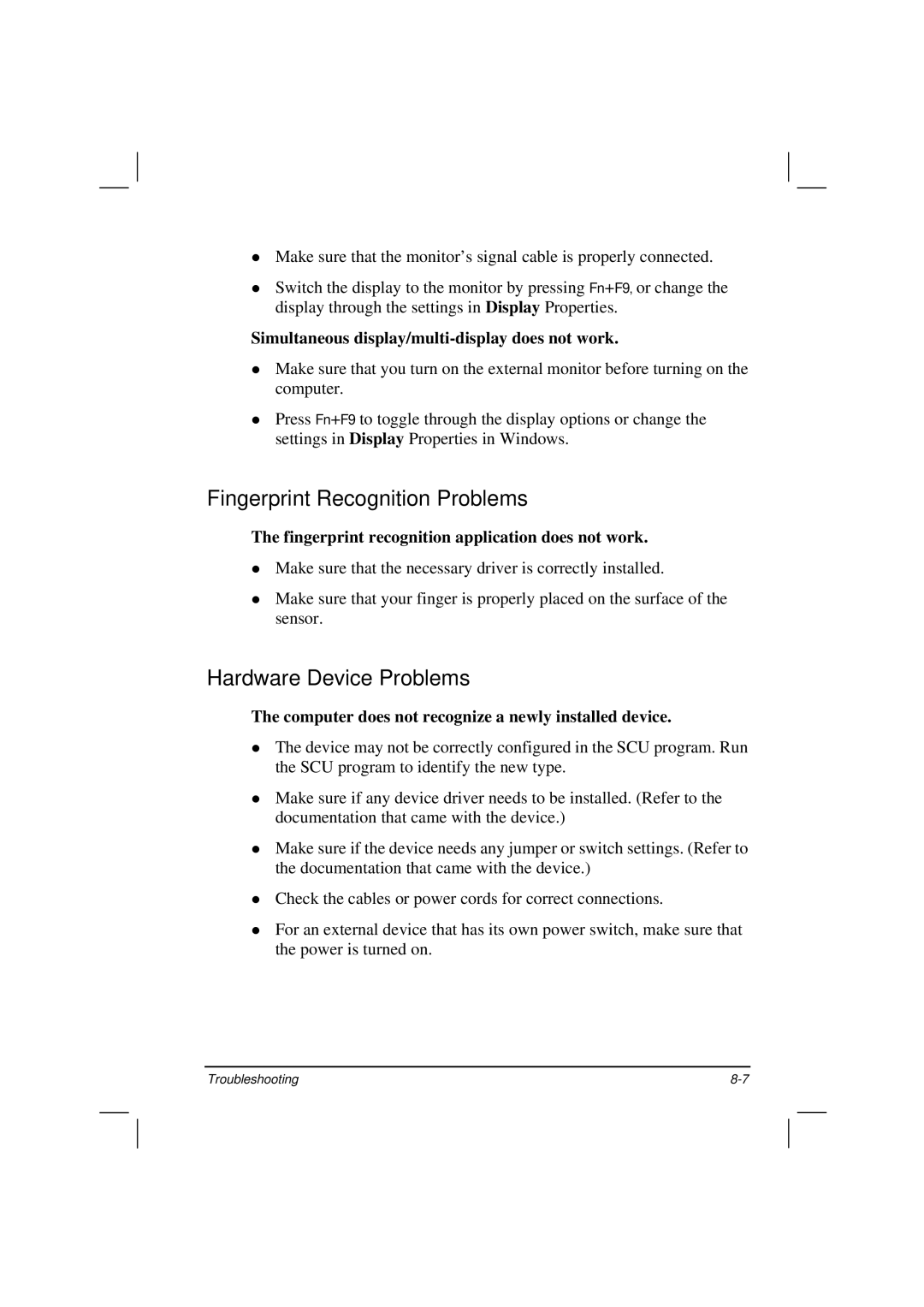 Motorola HK1223 manual Fingerprint Recognition Problems, Hardware Device Problems 