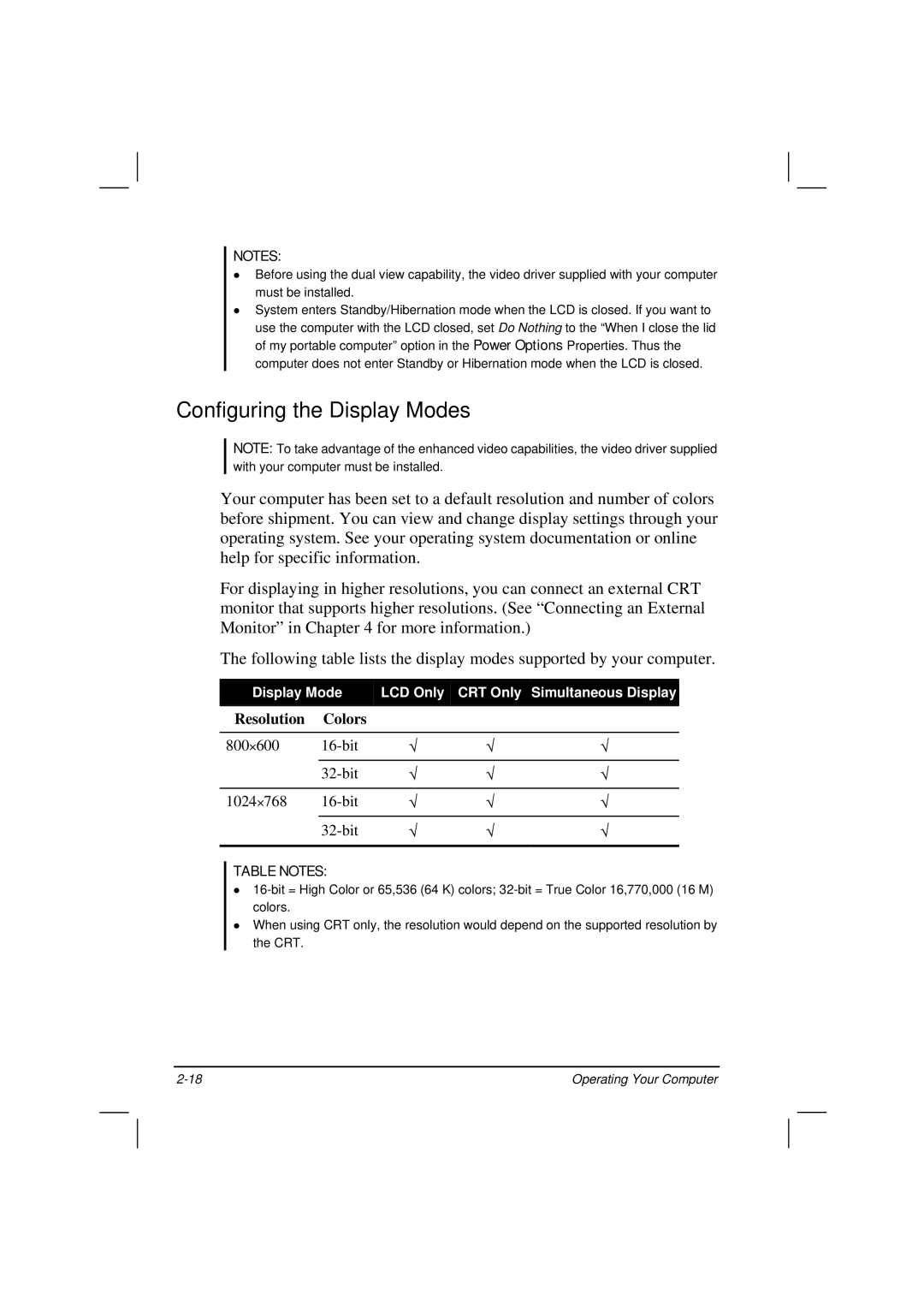 Motorola HK1223 manual Configuring the Display Modes, Table Notes 