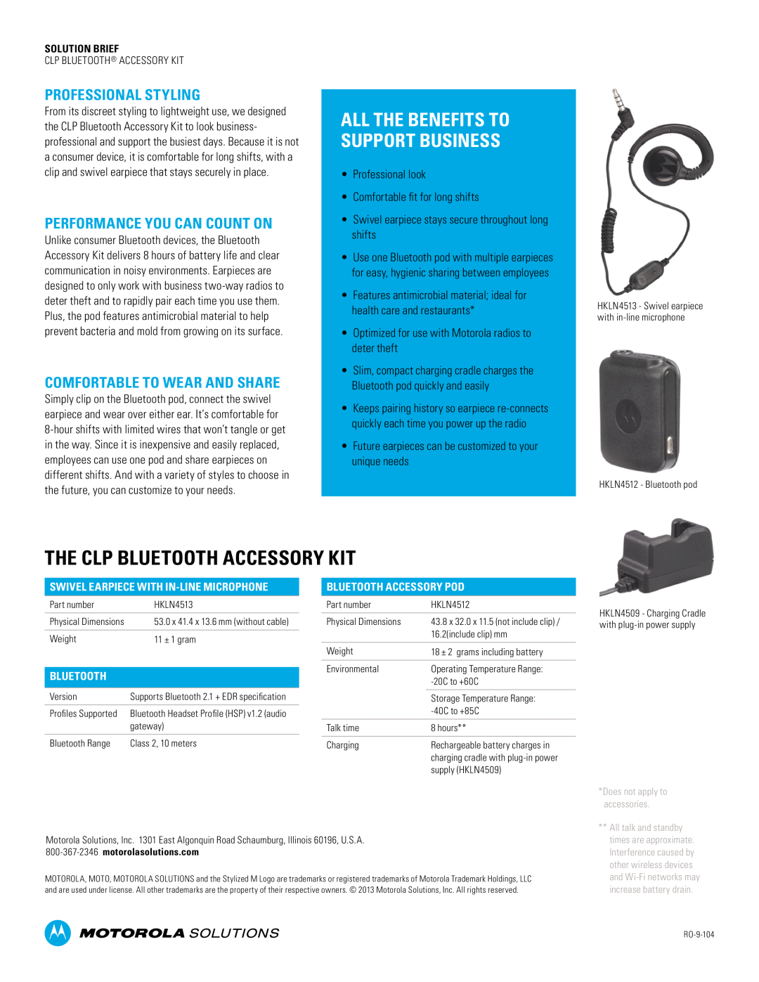 Motorola HKLN4513, HKLN4509 The Clp Bluetooth Accessory Kit, All The Benefits To Support Business, Professional Styling 