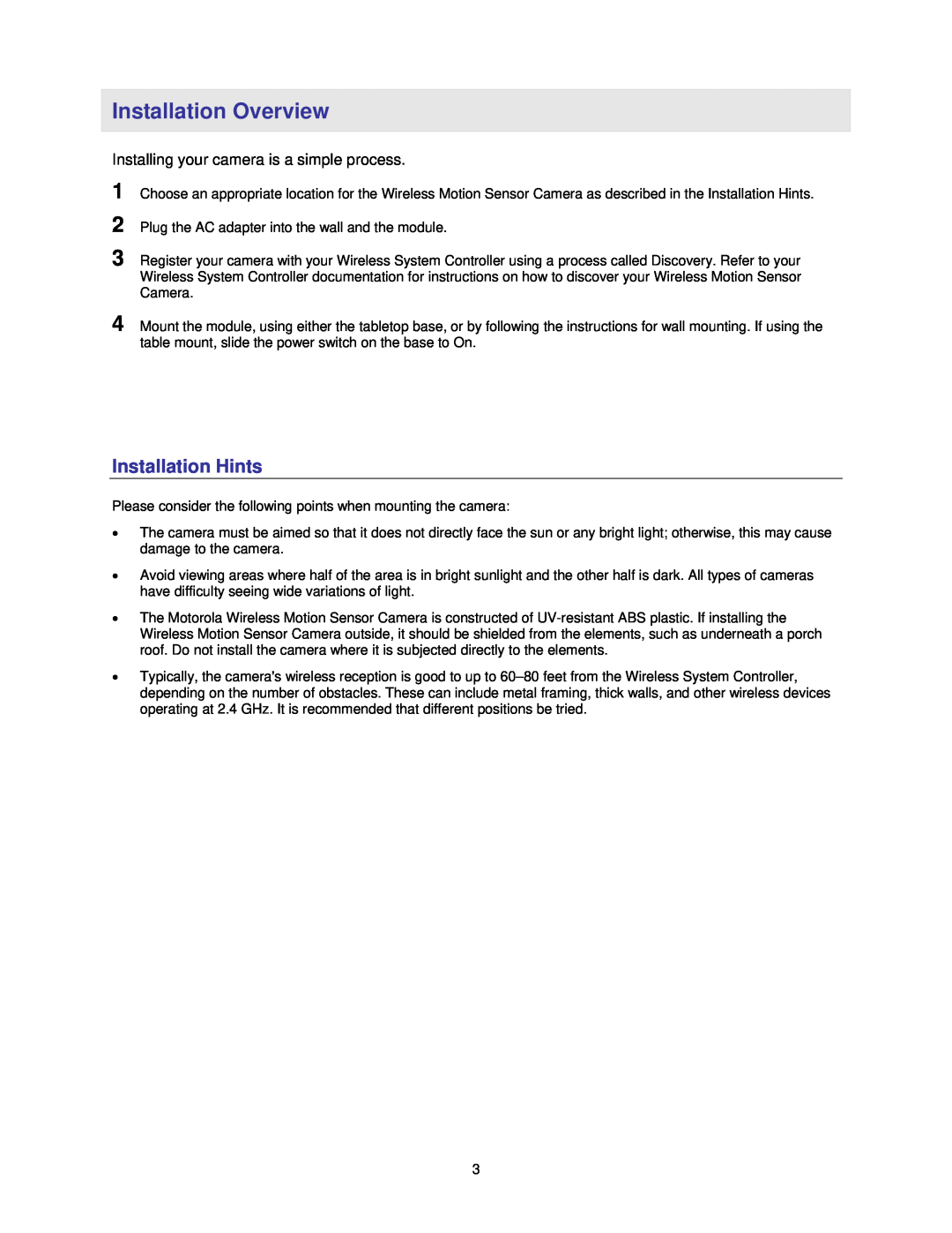 Motorola HMVC3050 manual Installation Overview, Installation Hints 