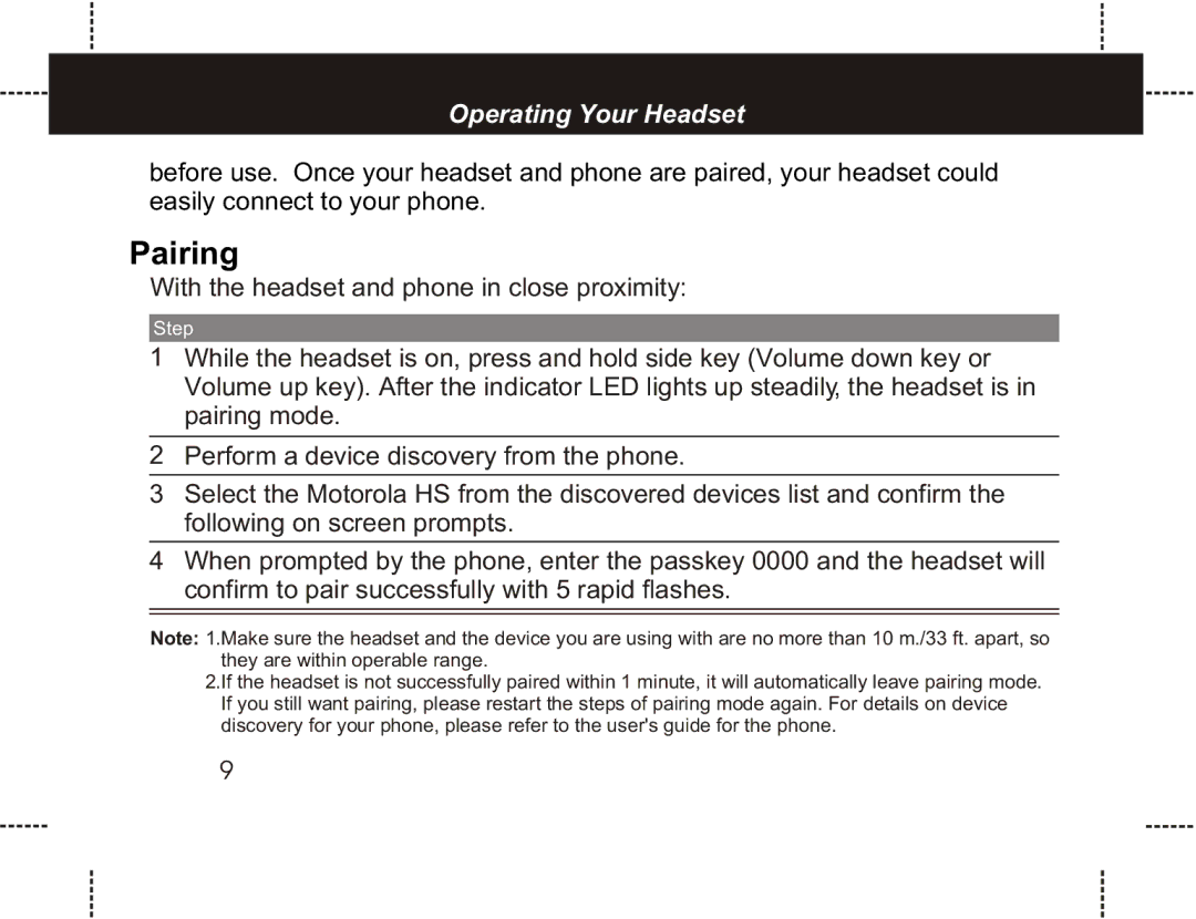 Motorola HS801 manual Pairing 