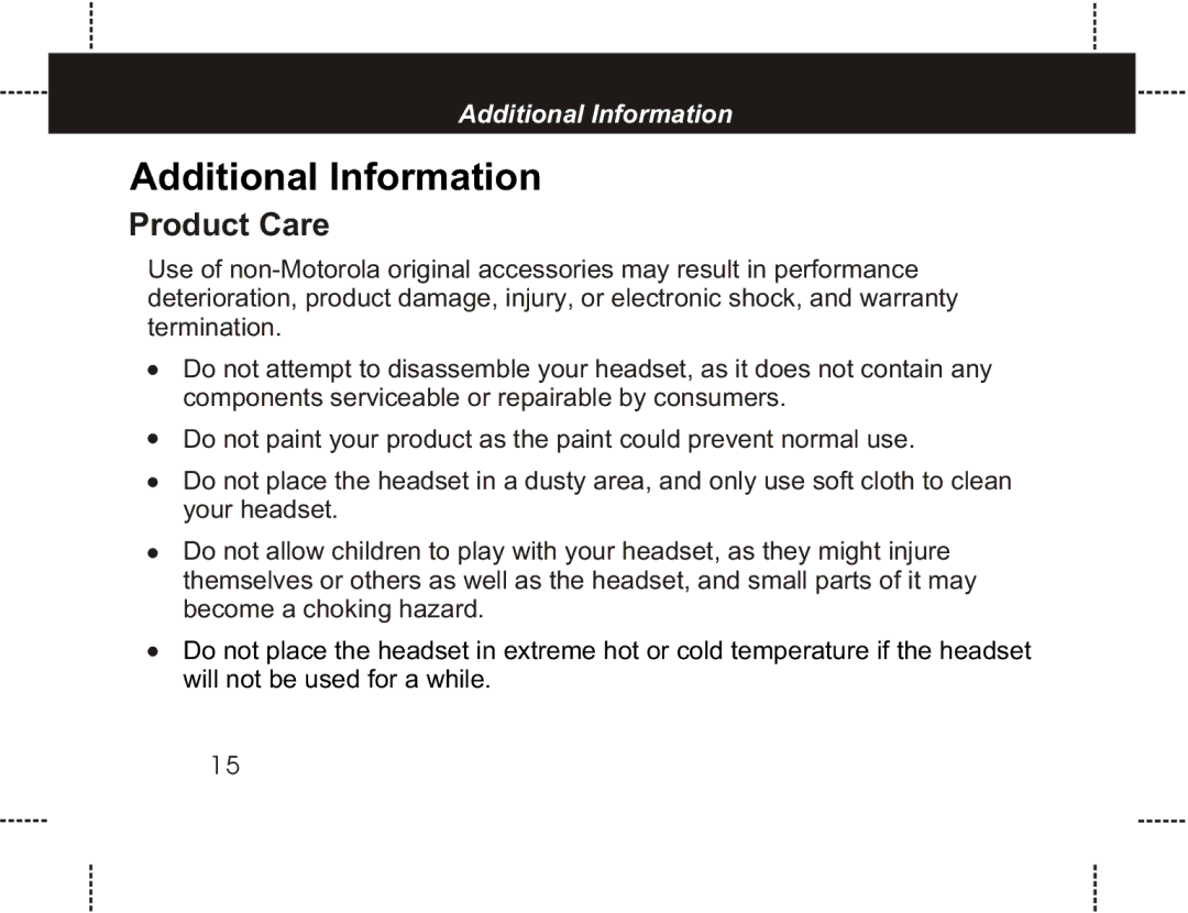 Motorola HS801 manual Additional Information, Product Care 