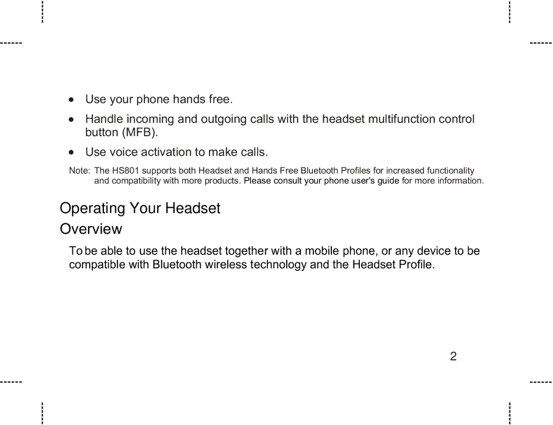 Motorola HS801 manual Operating Your Headset, Overview 