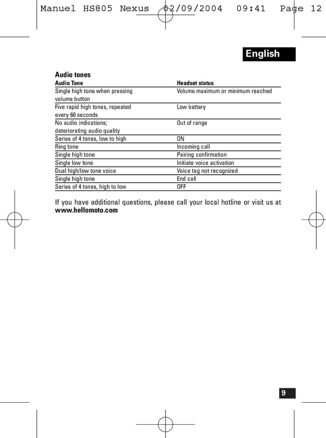 Motorola HS805 manual Audio tones, Audio Tone Headset status 