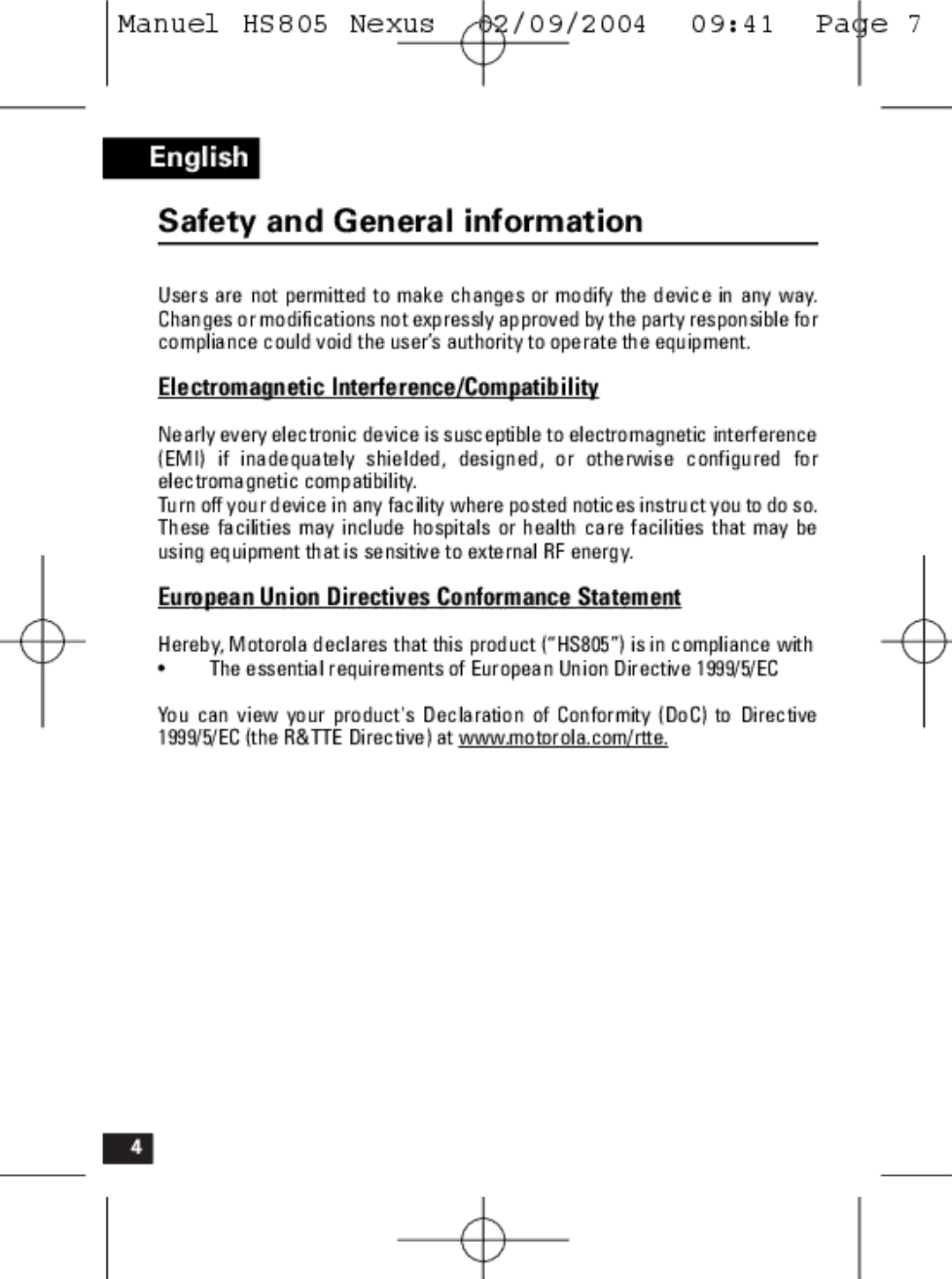 Motorola HS805 manual Safety and General information, Electromagnetic Interference/Compatibility 