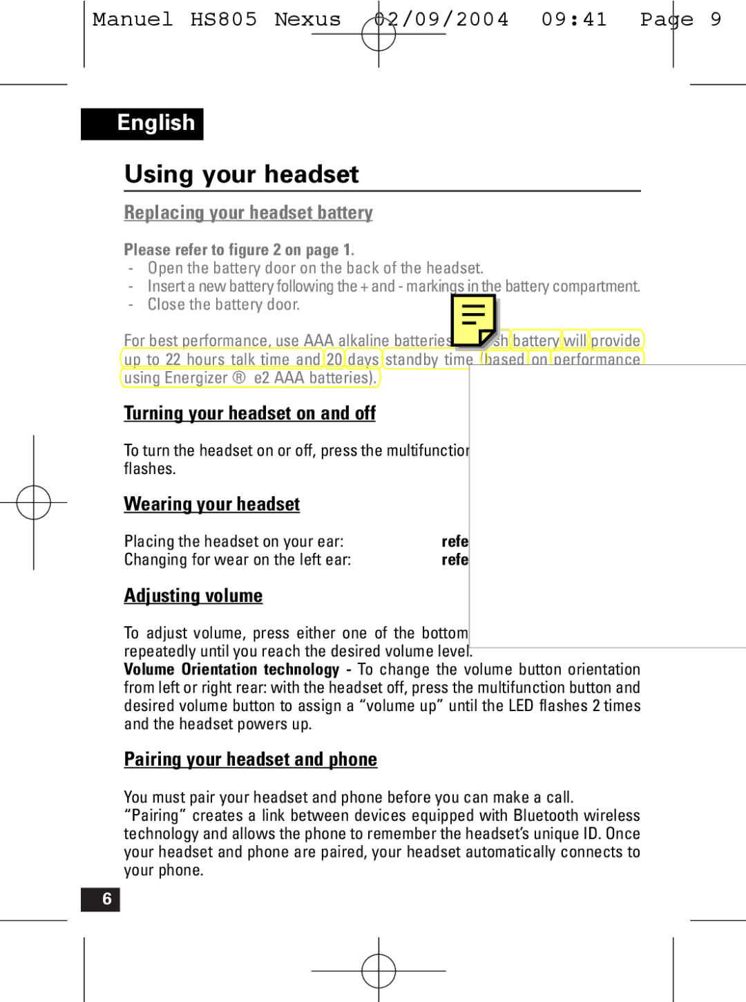 Motorola HS805 manual Using your headset, Turning your headset on and off, Wearing your headset, Adjusting volume 