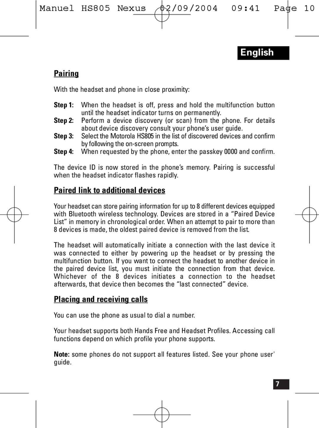 Motorola HS805 manual Pairing, Paired link to additional devices, Placing and receiving calls 