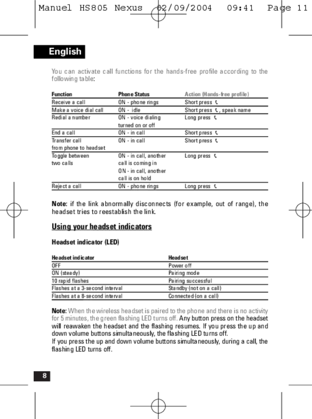 Motorola HS805 manual Using your headset indicators, Headset indicator LED 