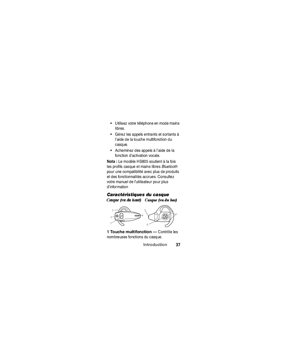 Motorola HS805 Caractéristiques du casque, Touche multifonction Contrôle les, Nombreuses fonctions du casque Introduction 