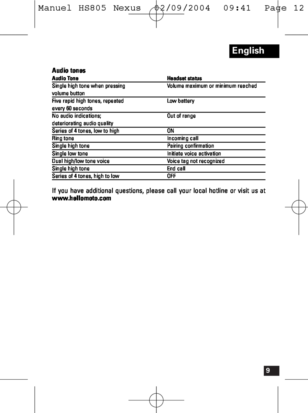 Motorola manual Manuel HS805 Nexus, 02/09/2004, Page, Audio tones, English, Audio Tone, Headset status 