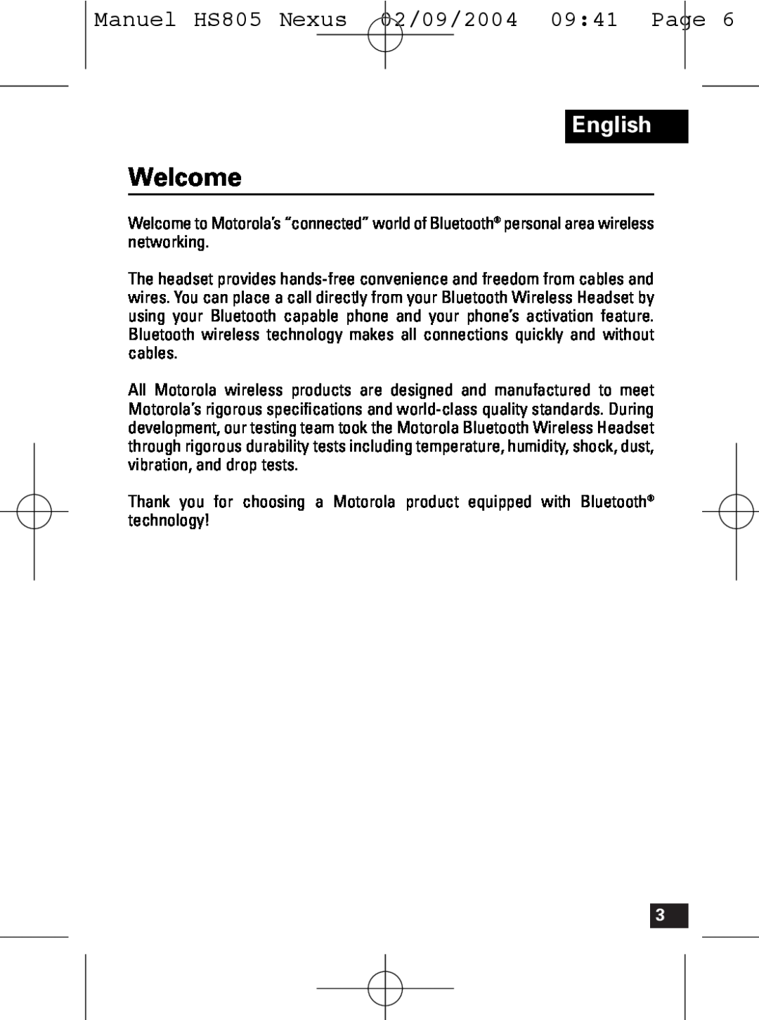 Motorola manual Welcome, English, Manuel HS805 Nexus 02/09/2004 09 41 Page 
