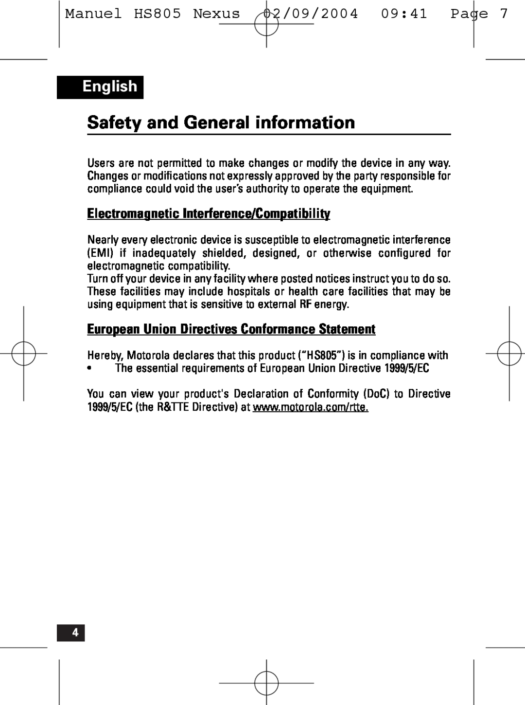 Motorola HS805 manual Safety and General information, Electromagnetic Interference/Compatibility, English 