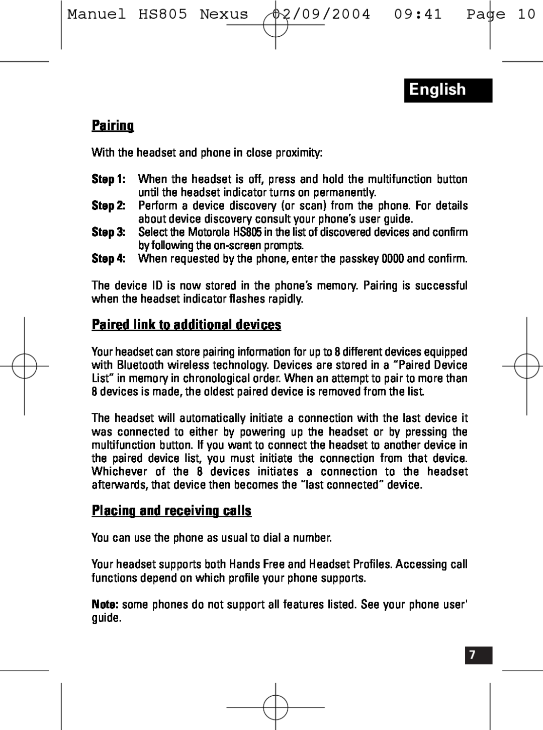 Motorola HS805 manual Pairing, Paired link to additional devices, Placing and receiving calls, English 