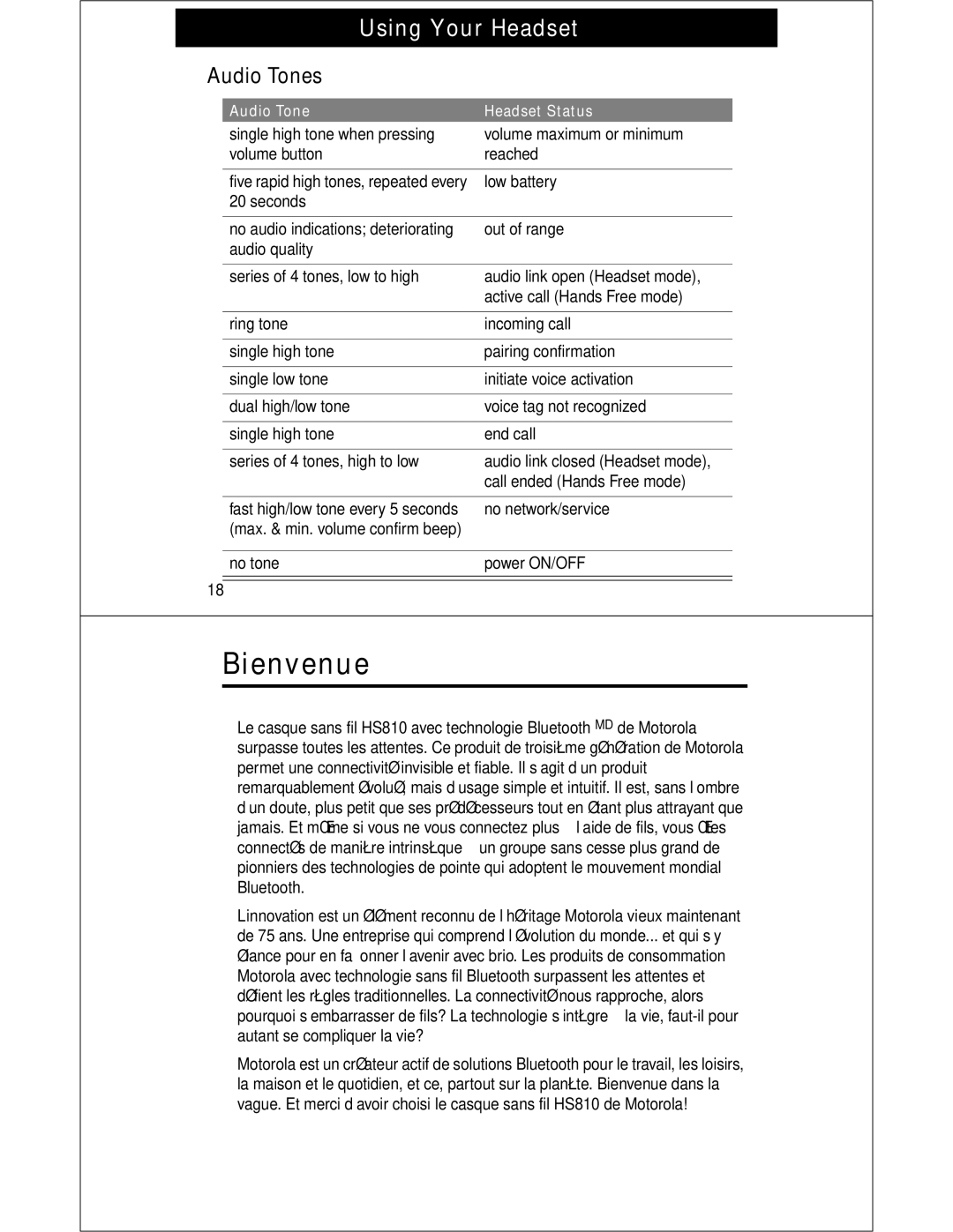 Motorola HS810 manual Bienvenue, Audio Tones, Audio Tone Headset Status, Low battery, Call ended Hands Free mode 