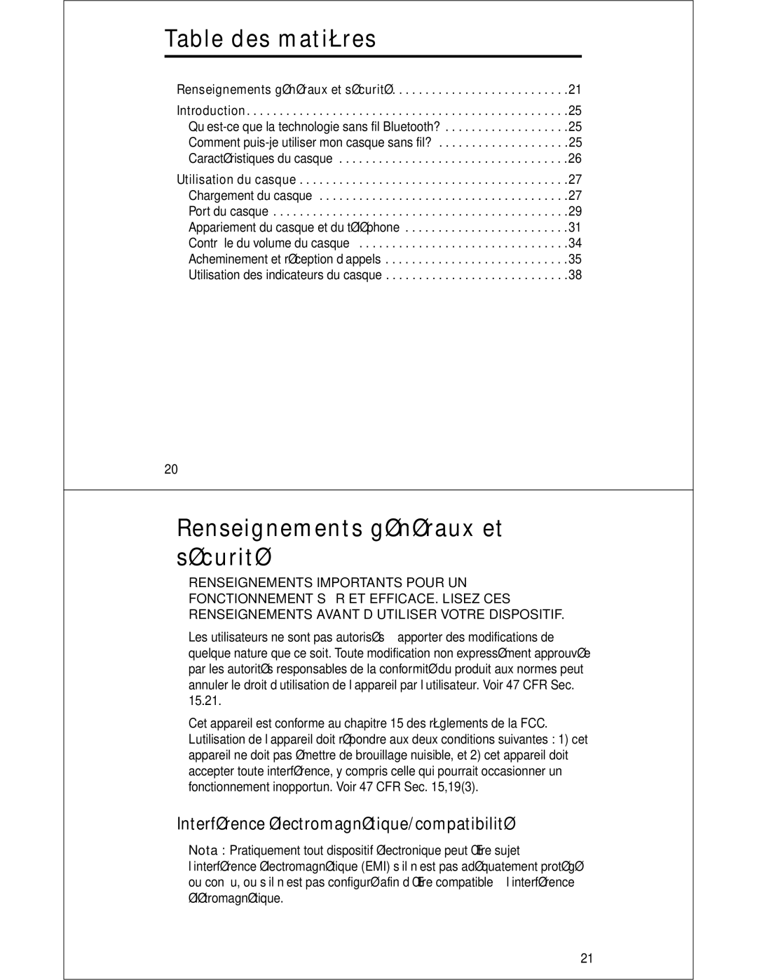 Motorola HS810 manual Table des matières, Renseignements généraux et sécurité, Interférence électromagnétique/compatibilité 