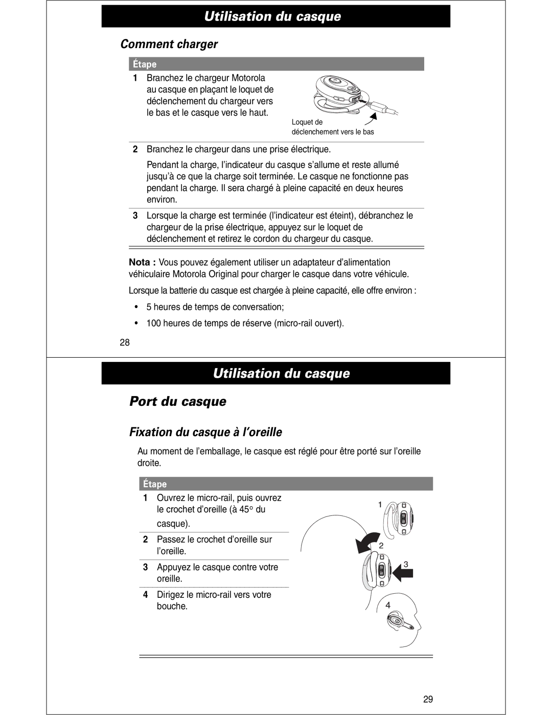 Motorola HS810 manual Utilisation du casque, Port du casque, Comment charger, Fixation du casque à l’oreille, Étape 