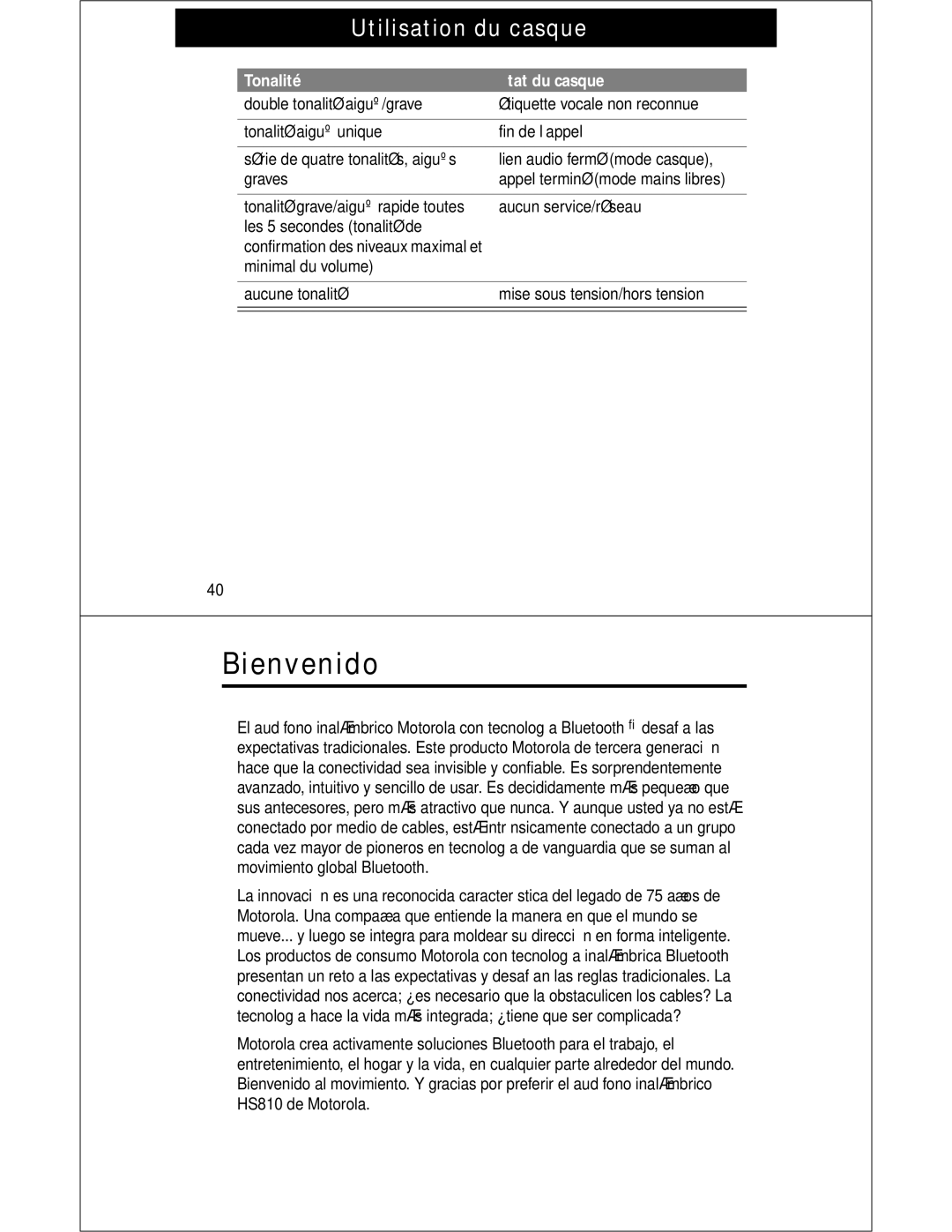 Motorola HS810 manual Bienvenido 