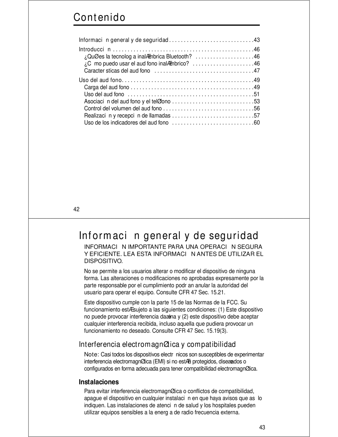 Motorola HS810 manual Contenido, Información general y de seguridad, Interferencia electromagnética y compatibilidad 