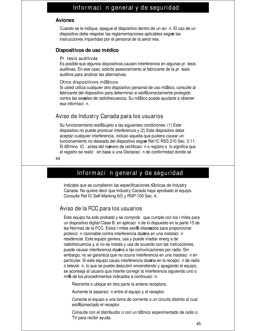 Motorola HS810 manual Información general y de seguridad, Aviso de Industry Canada para los usuarios, Aviones 