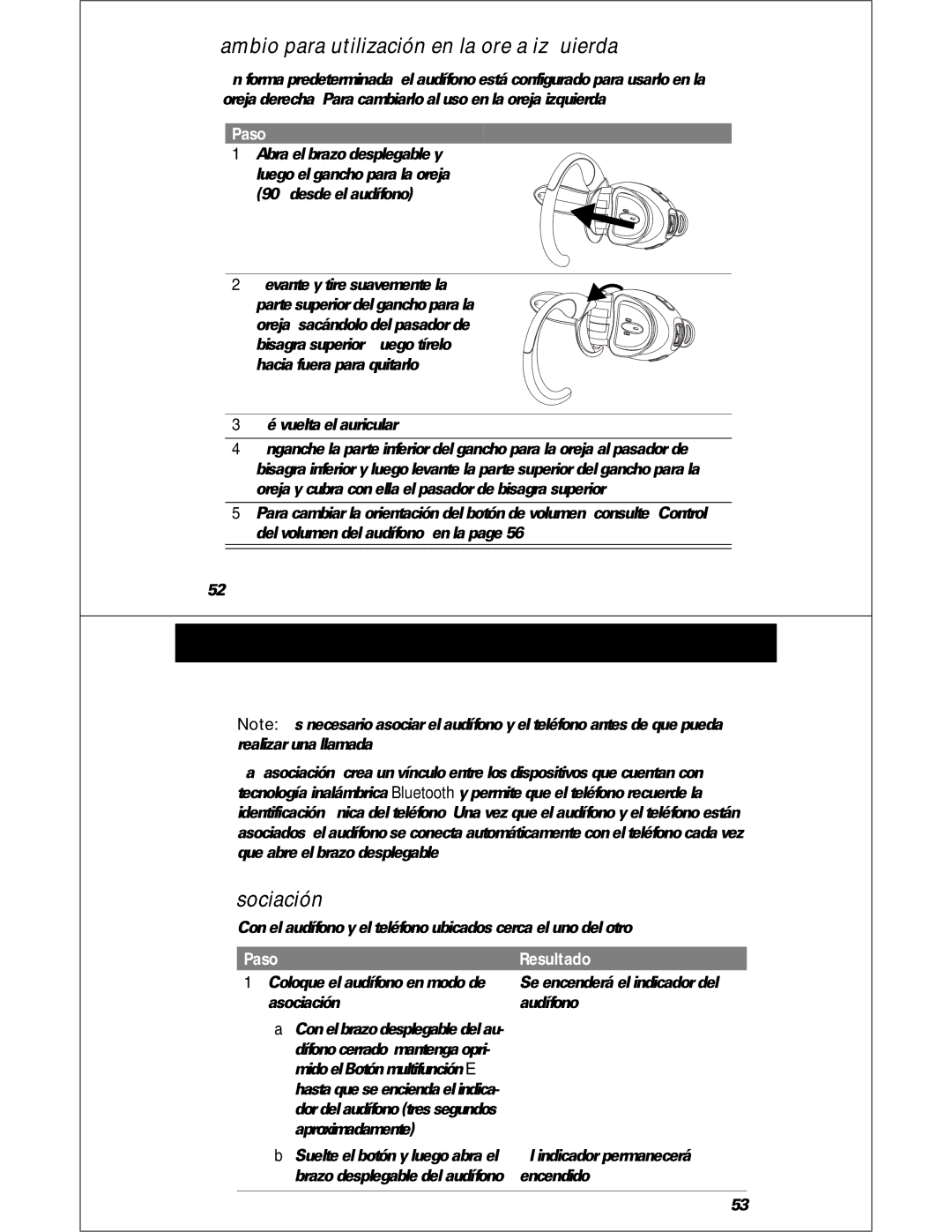 Motorola HS810 manual Asociación del audífono y el teléfono, Cambio para utilización en la oreja izquierda, Paso Resultado 