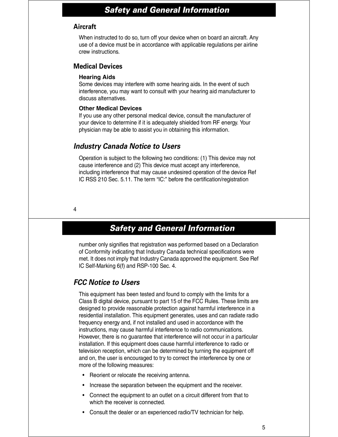 Motorola HS810 manual Safety and General Information, Industry Canada Notice to Users, FCC Notice to Users, Aircraft 