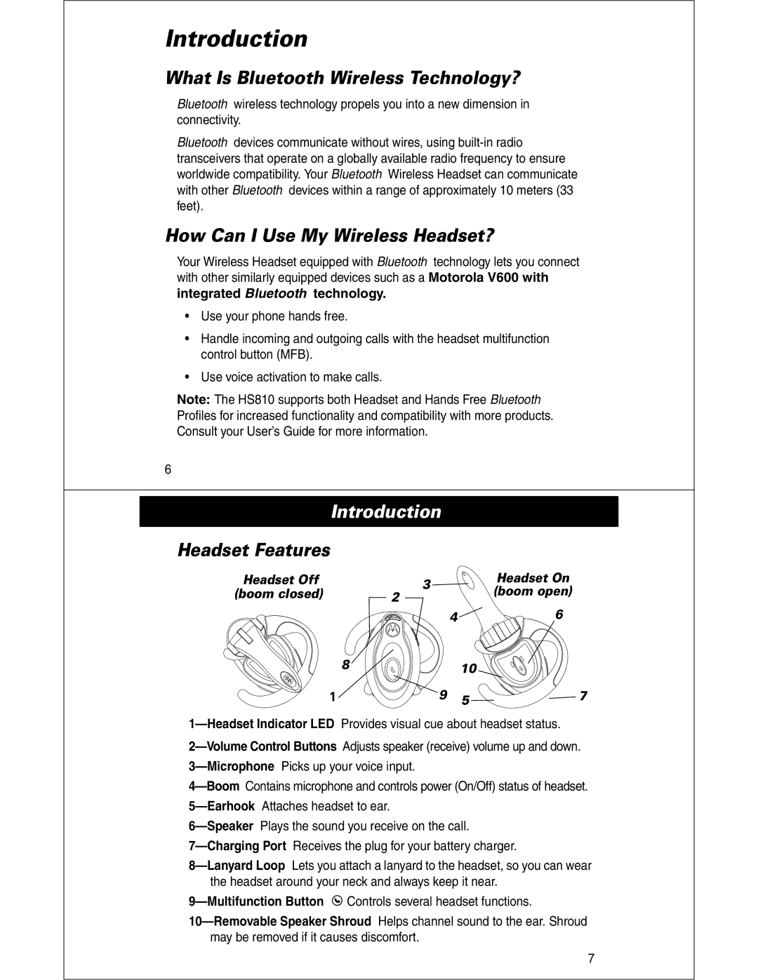 Motorola HS810 Introduction, What Is Bluetooth Wireless Technology?, How Can I Use My Wireless Headset?, Headset Features 