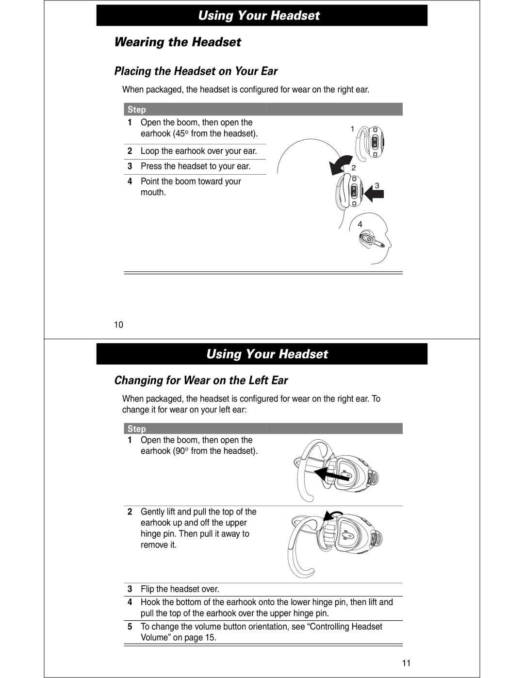 Motorola HS810 manual Wearing the Headset, Placing the Headset on Your Ear, Changing for Wear on the Left Ear 