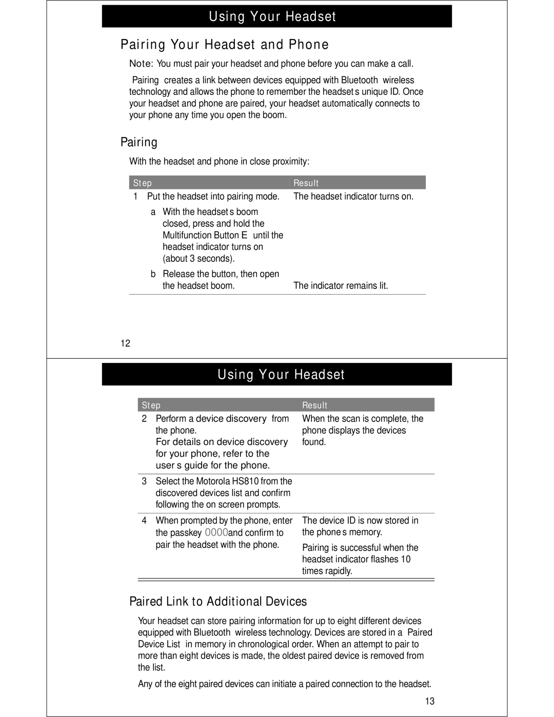 Motorola HS810 manual Pairing Your Headset and Phone, Paired Link to Additional Devices, Step Result 