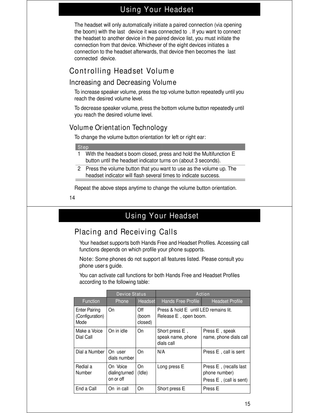 Motorola HS810 manual Controlling Headset Volume, Placing and Receiving Calls, Increasing and Decreasing Volume 