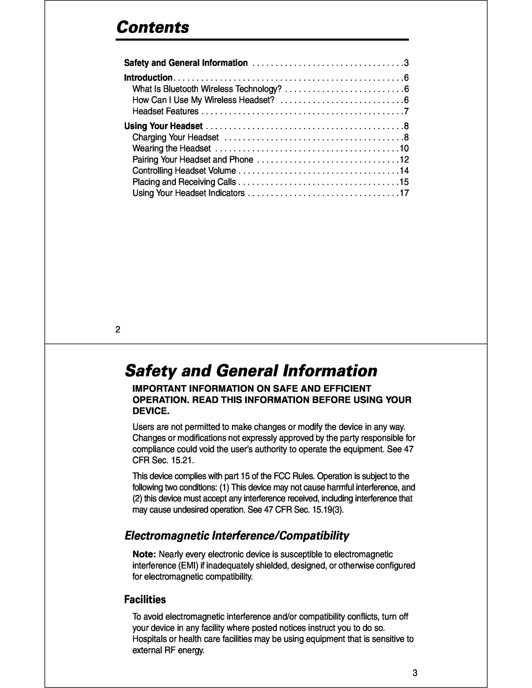 Motorola HS810 manual Contents, Safety and General Information, Electromagnetic Interference/Compatibility, Facilities 