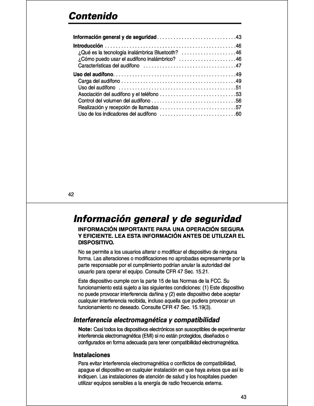 Motorola HS810 manual Contenido, Información general y de seguridad, Interferencia electromagnética y compatibilidad 