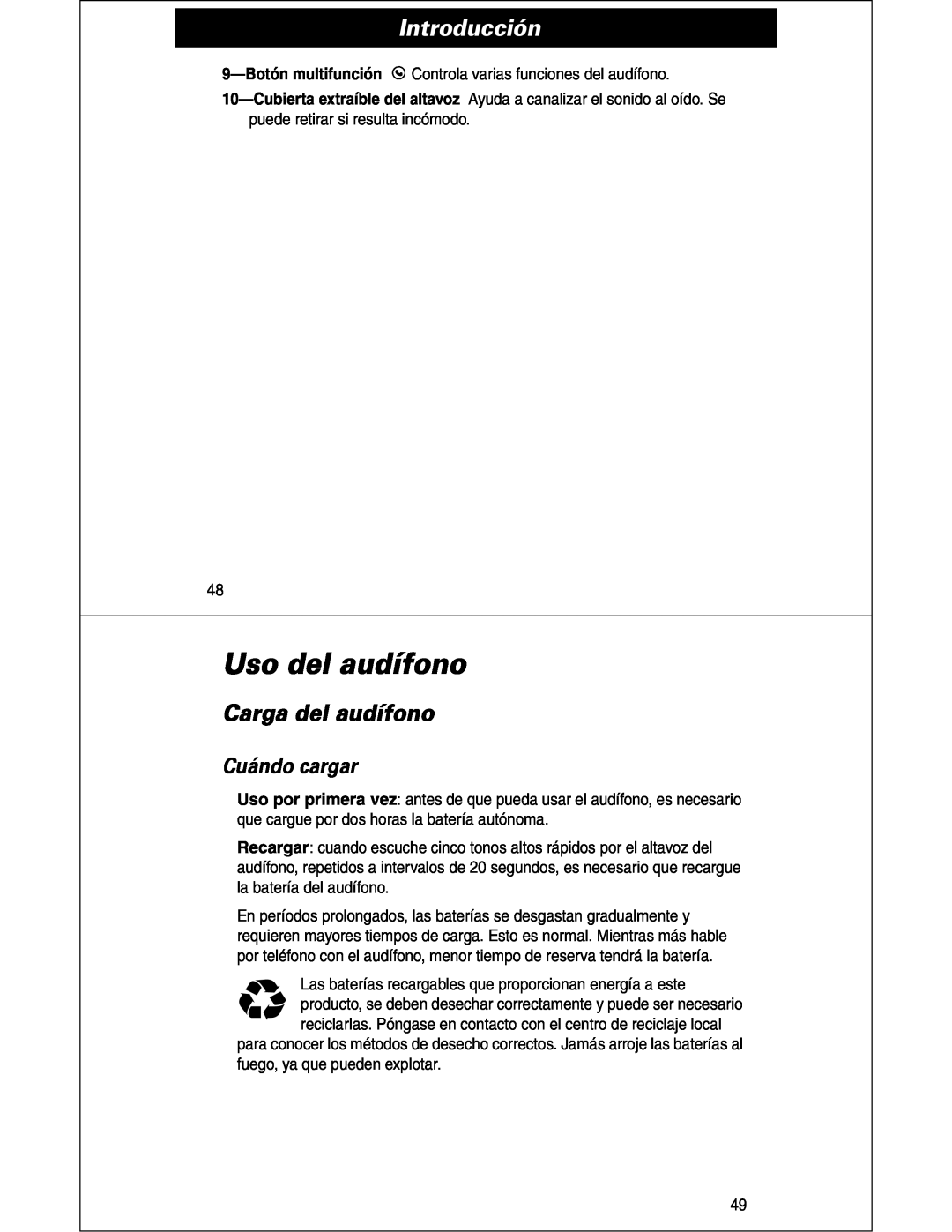 Motorola HS810 manual Uso del audífono, Carga del audífono, Cuándo cargar, Introducción 