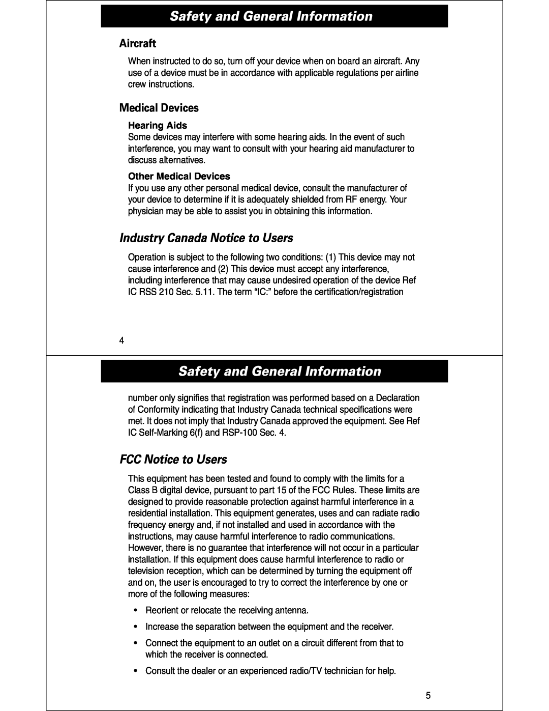 Motorola HS810 manual Safety and General Information, Industry Canada Notice to Users, FCC Notice to Users, Aircraft 