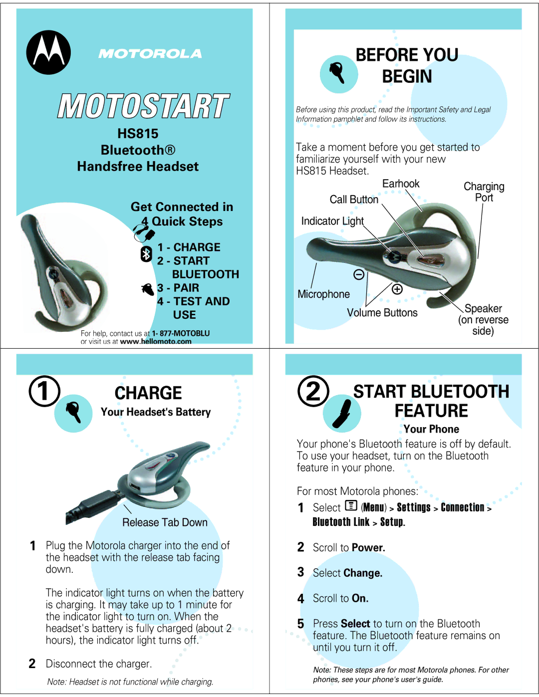 Motorola HS815 manual Before YOU, Begin, Charge, Select M Menu Settings Connection, Bluetooth Link Setup 