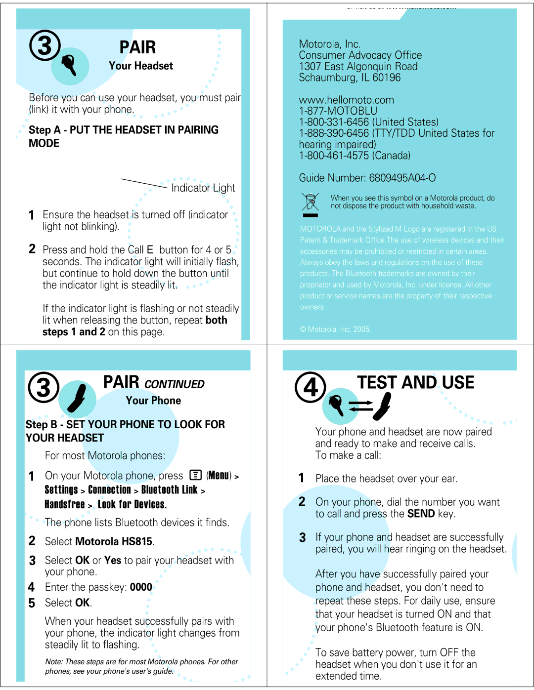 Motorola HS815 manual Pair, Test and USE, Settings Connection Bluetooth Link, Handsfree Look for Devices 