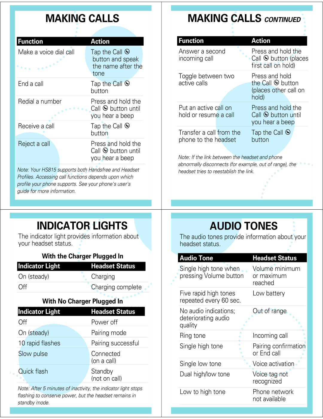 Motorola HS815 manual Making Calls, Indicator Lights Audio Tones 