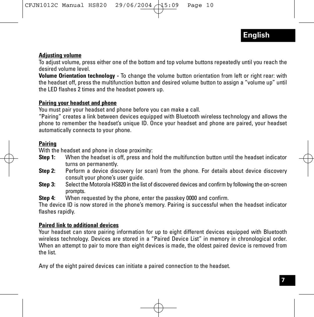 Motorola HS820 manual Adjusting volume, Pairing your headset and phone, Paired link to additional devices 