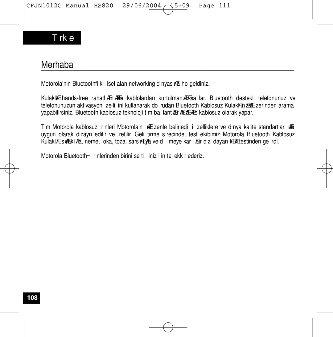 Motorola HS820 manual Merhaba 