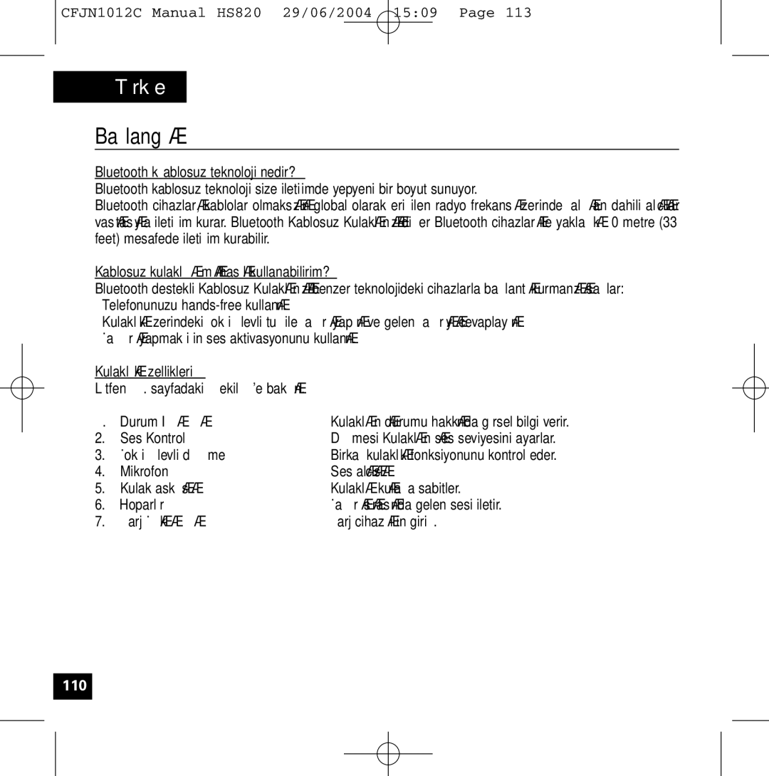 Motorola HS820 manual Başlang ç 