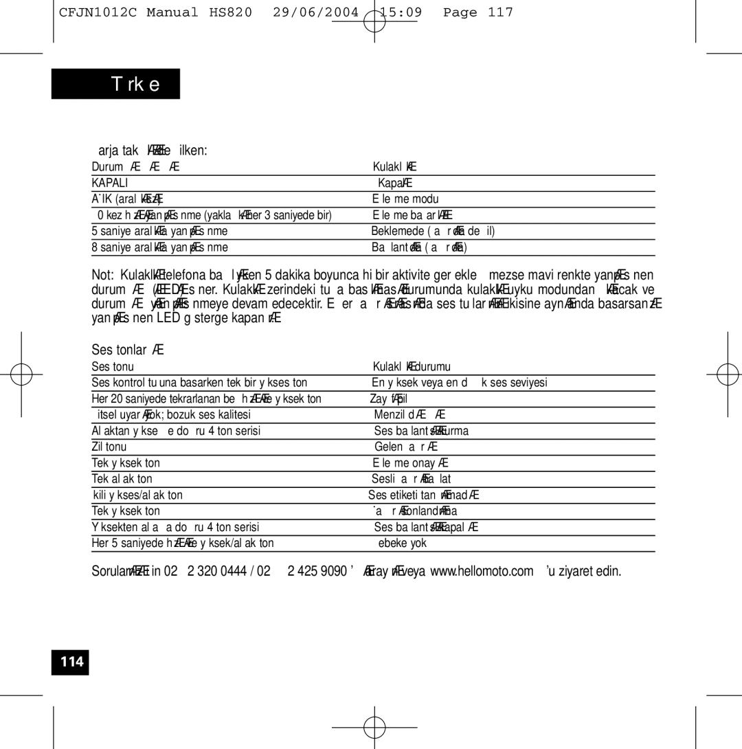 Motorola HS820 manual Şarja tak l değilken, Ses tonlar, Durum ş ğ Kulakl k, Ses tonu Kulakl k durumu 