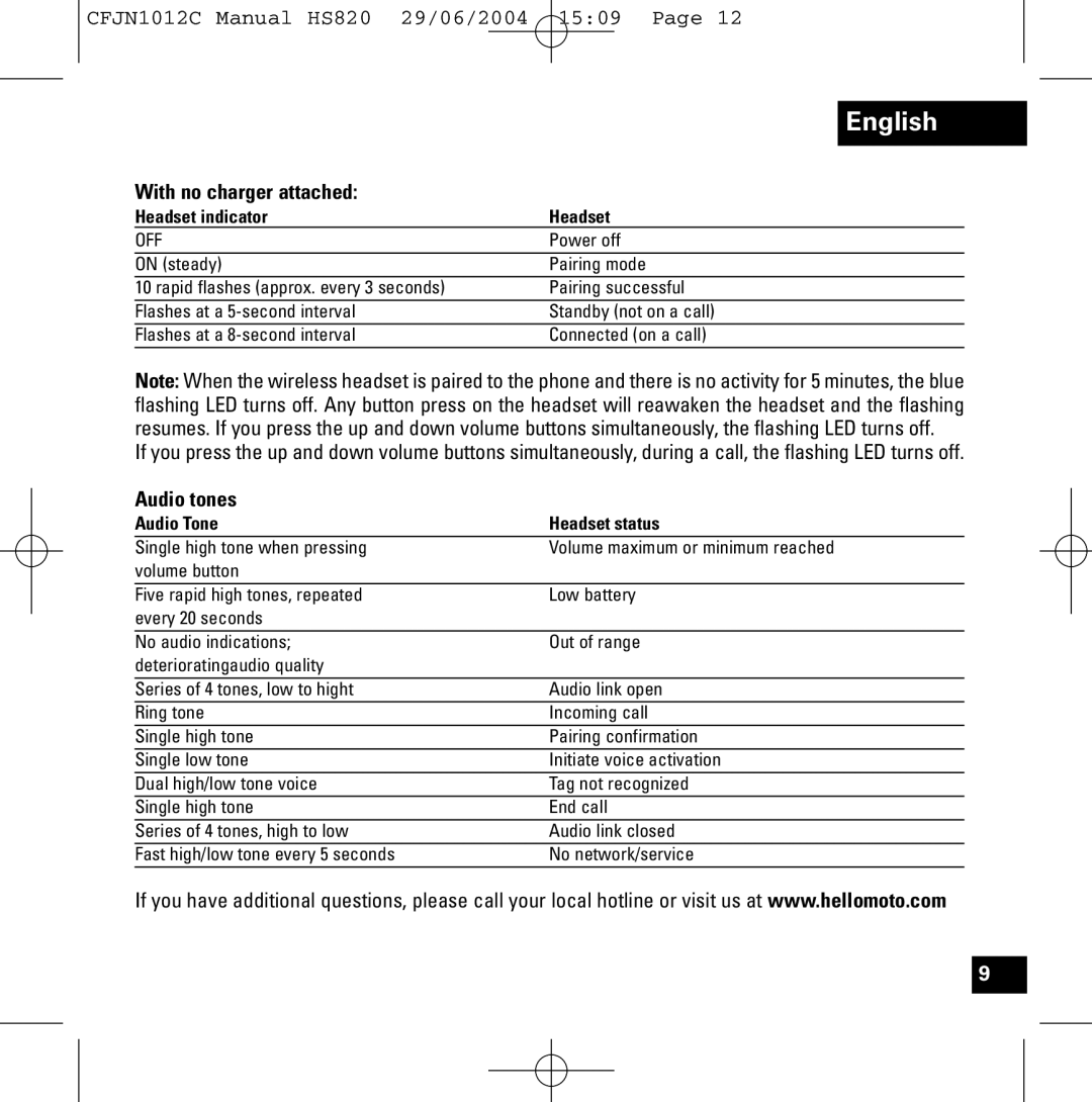 Motorola HS820 manual With no charger attached, Audio tones, Audio Tone Headset status 