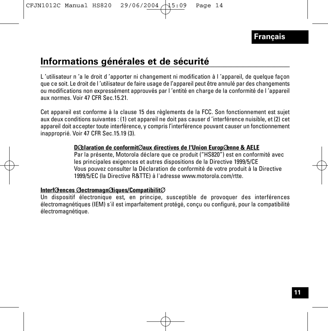 Motorola HS820 manual Informations générales et de sécurité 