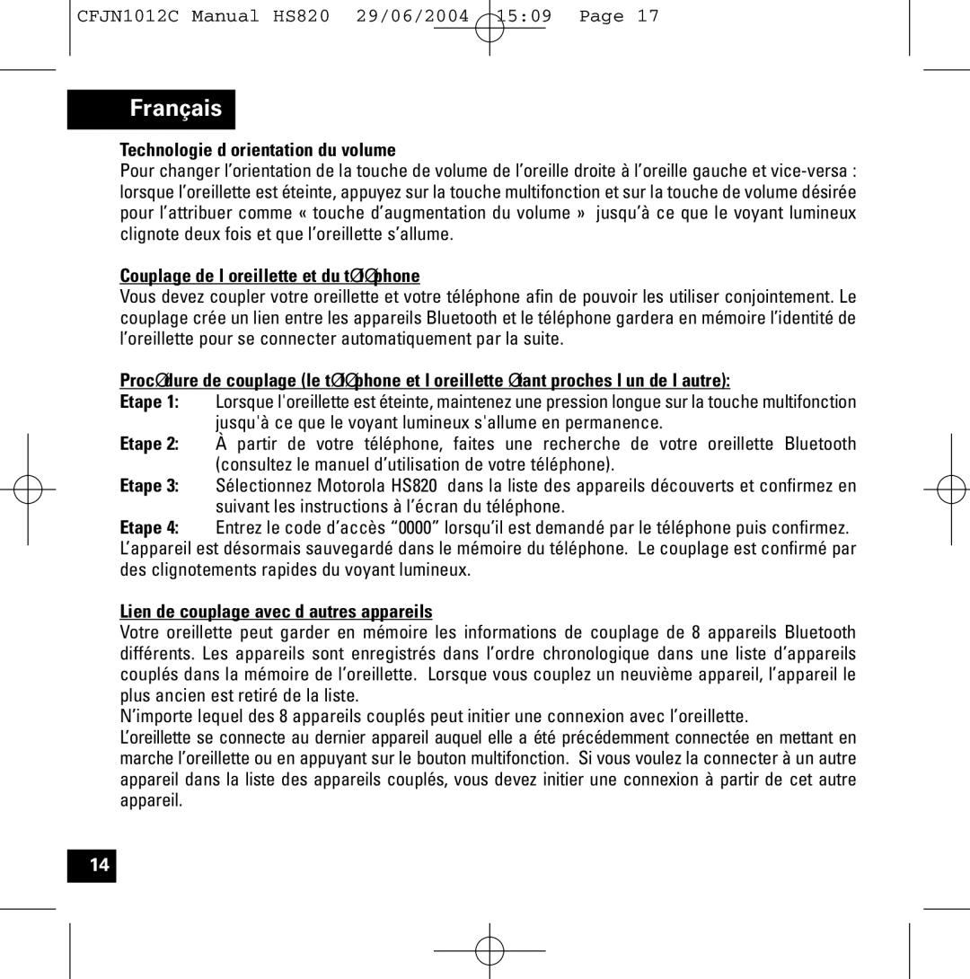 Motorola HS820 manual Technologie d’orientation du volume, Couplage de l’oreillette et du téléphone 