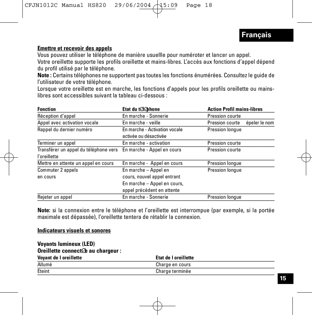 Motorola HS820 manual Emettre et recevoir des appels, Fonction Etat du téléphone Action Profil mains-libres 