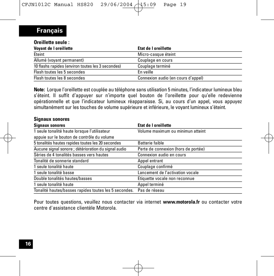 Motorola HS820 manual Oreillette seule, Signaux sonores Etat de l’oreillette 