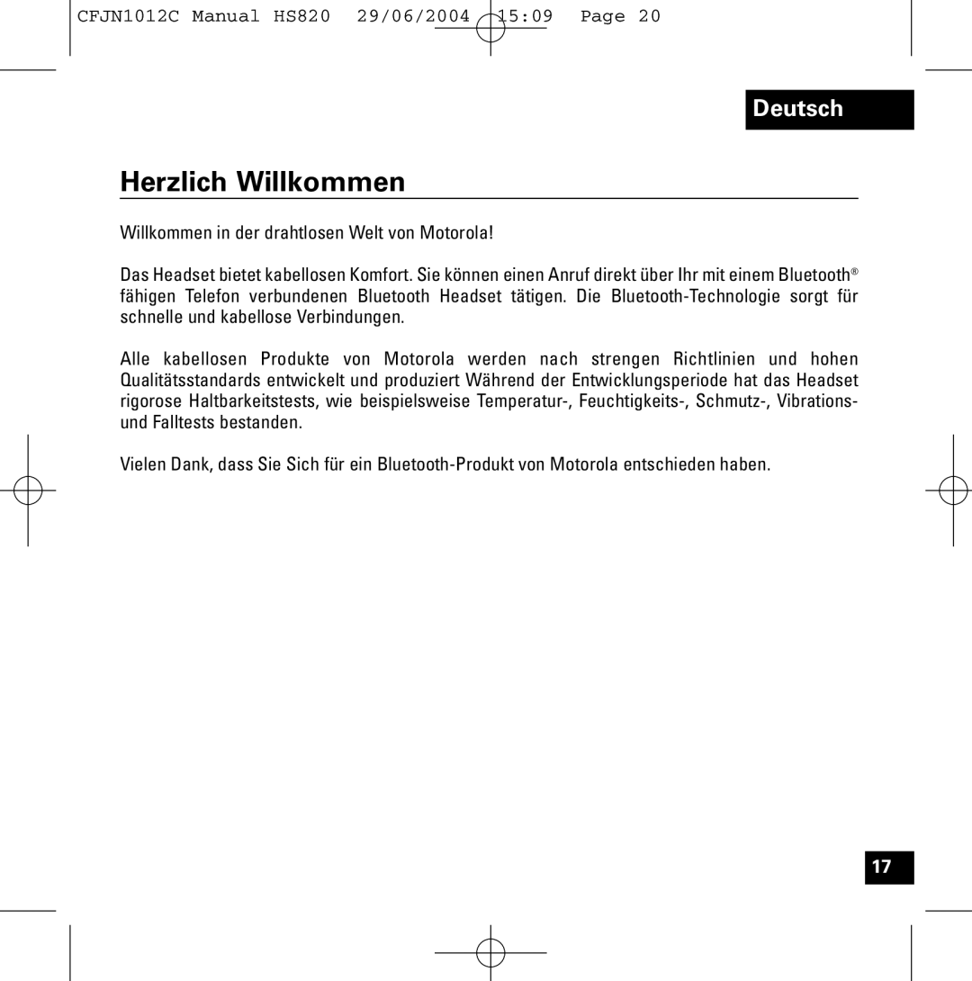 Motorola HS820 manual Herzlich Willkommen 