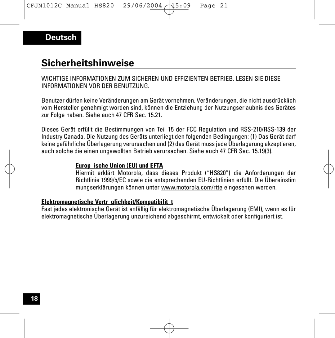 Motorola HS820 manual Sicherheitshinweise 