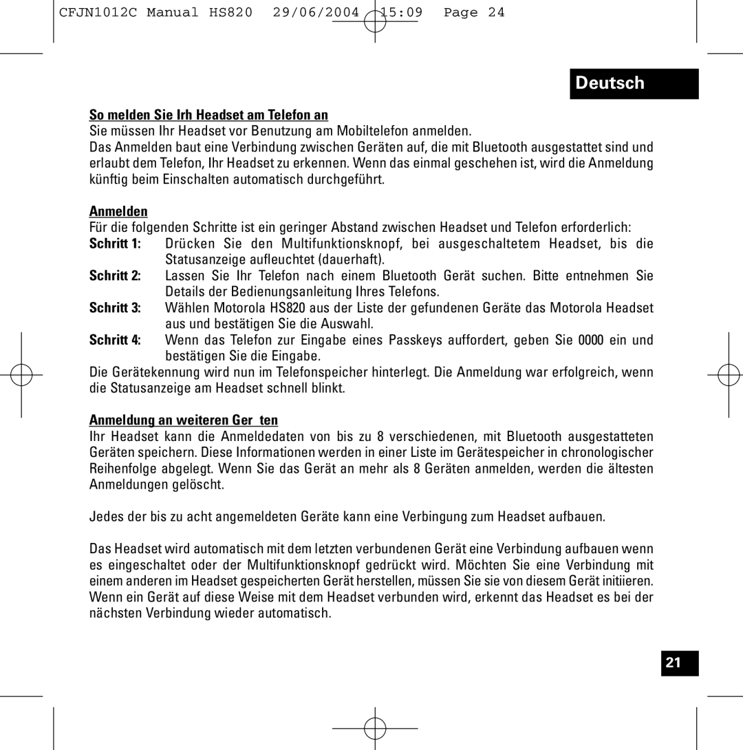 Motorola HS820 manual So melden Sie Irh Headset am Telefon an, Anmelden, Anmeldung an weiteren Geräten 