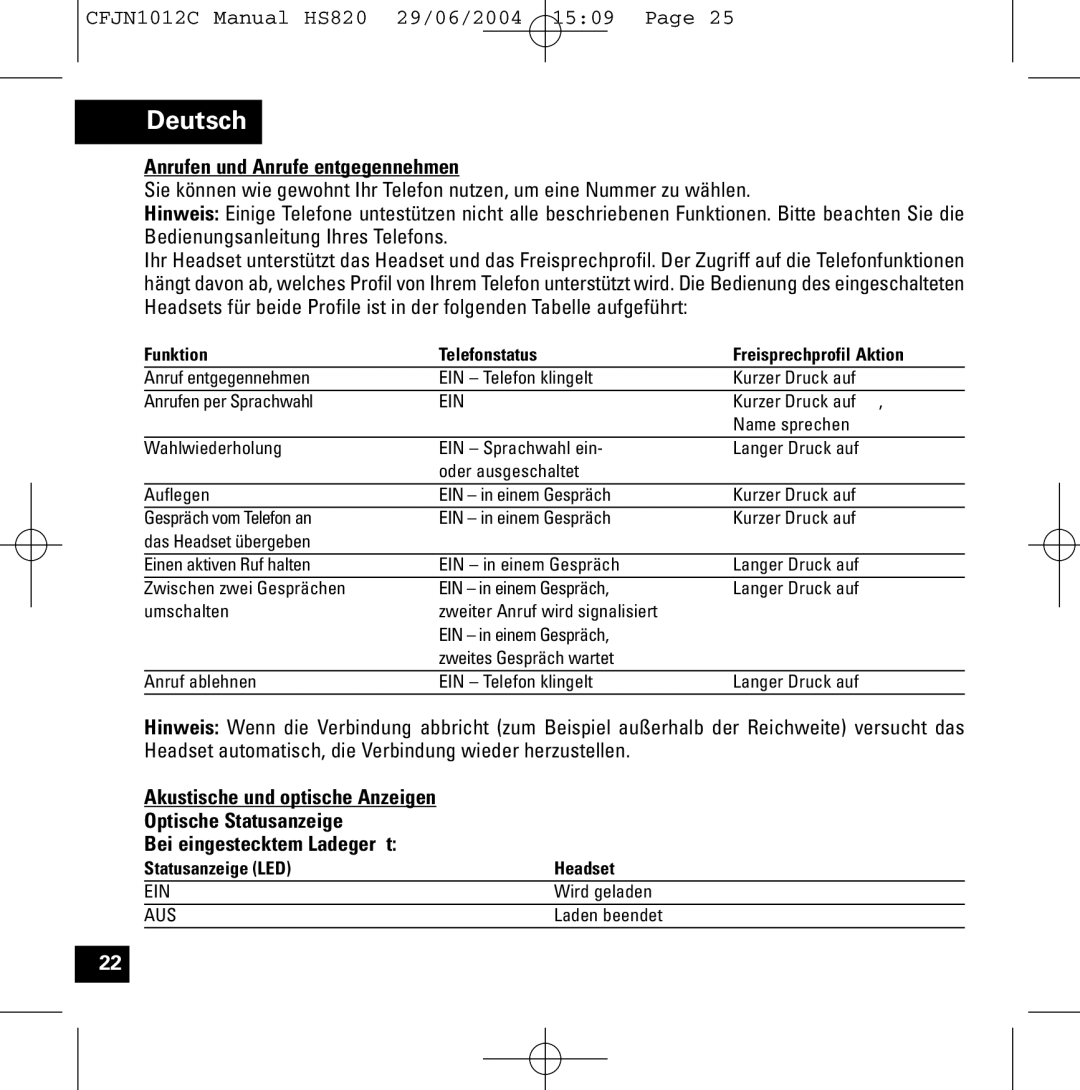 Motorola HS820 manual Anrufen und Anrufe entgegennehmen, Funktion Telefonstatus Freisprechprofil Aktion 