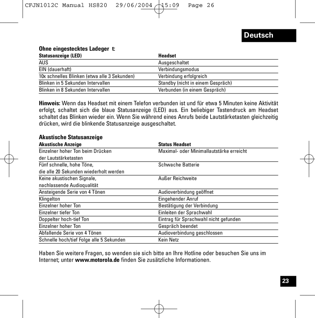 Motorola HS820 manual Ohne eingestecktes Ladegerät, Akustische Statusanzeige, Akustische Anzeige Status Headset 